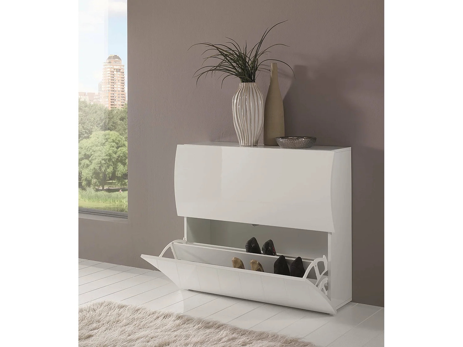 Andrea schoenenrek, Multifunctionele kast met 2 vouwdeuren, Ingang schoenenrek, 100% Made in Italy, 101x27h82 cm, Glanzend wit