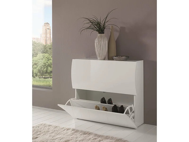 Andrea schoenenrek, Multifunctionele kast met 2 vouwdeuren, Ingang schoenenrek, 100% Made in Italy, 101x27h82 cm, Glanzend wit