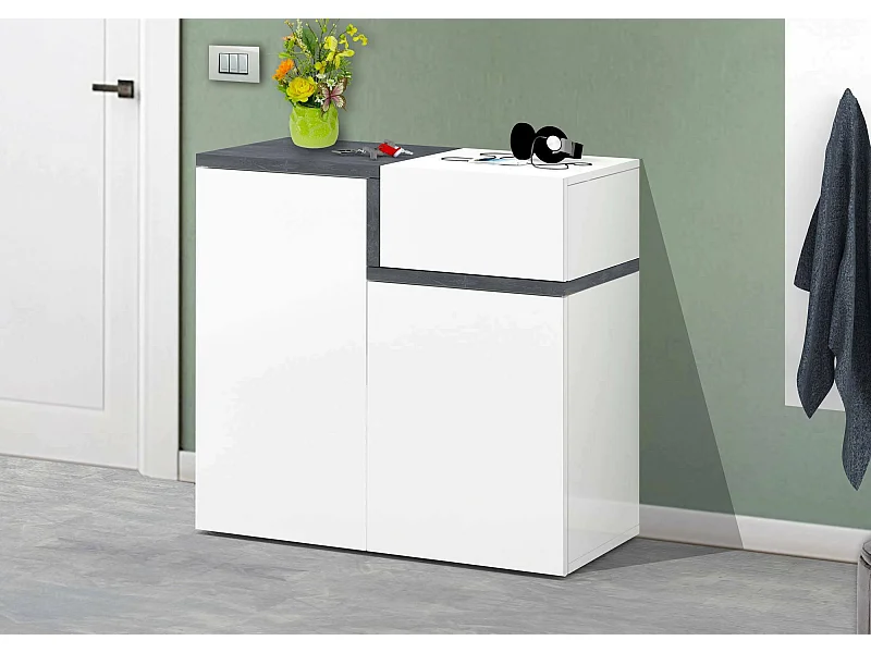 Ryan schoenenrek, Multifunctionele kast met 2 deuren en 1 klepdeur, Ingang schoenenrek, 100% Made in Italy, 80x40h80 cm, Glanzend wit en leisteen