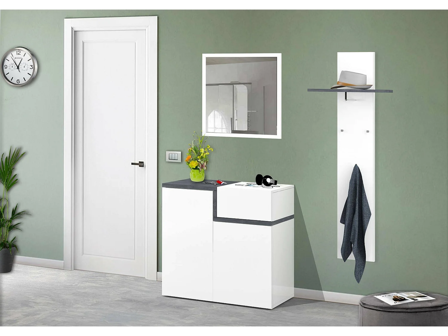 Zapatero Ryan, Mueble multiusos con 2 puertas y 1 puerta abatible, Zapatero de entrada, 100% Made in Italy, 80x40h80 cm, Blanco brillo y pizarra