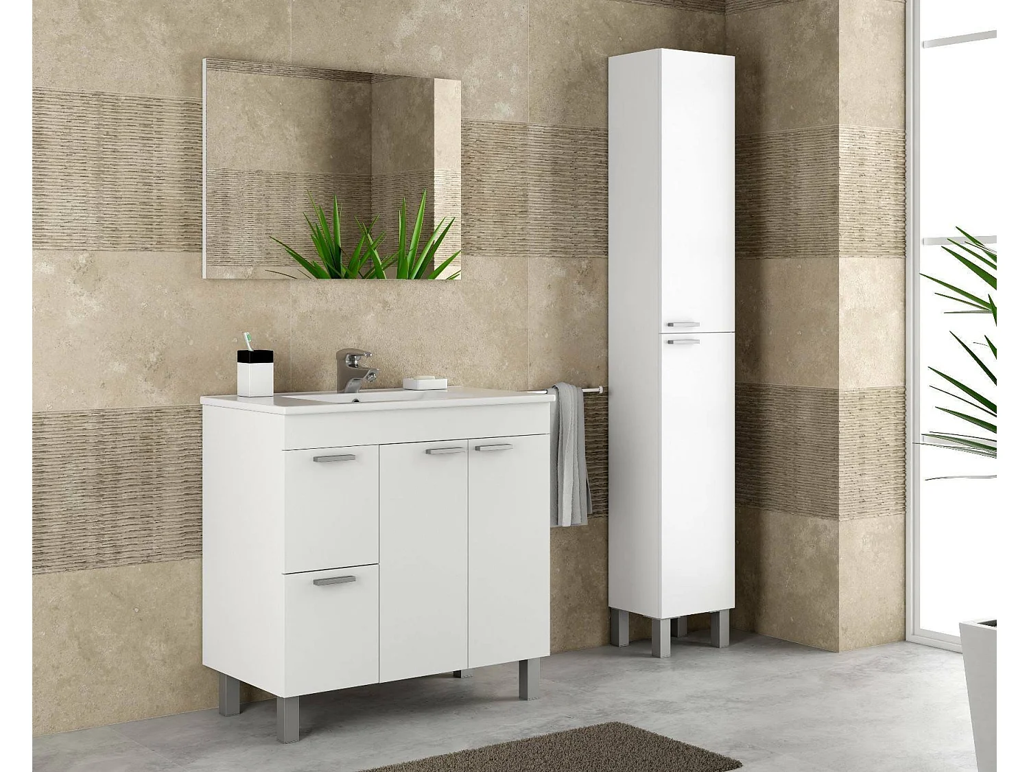 Colonne de salle de bain Hollywood, Armoire colonne de salle de bain avec 2 portes, Armoire suspendue avec 2 étagères, 30x25h182 cm, Blanc brillant