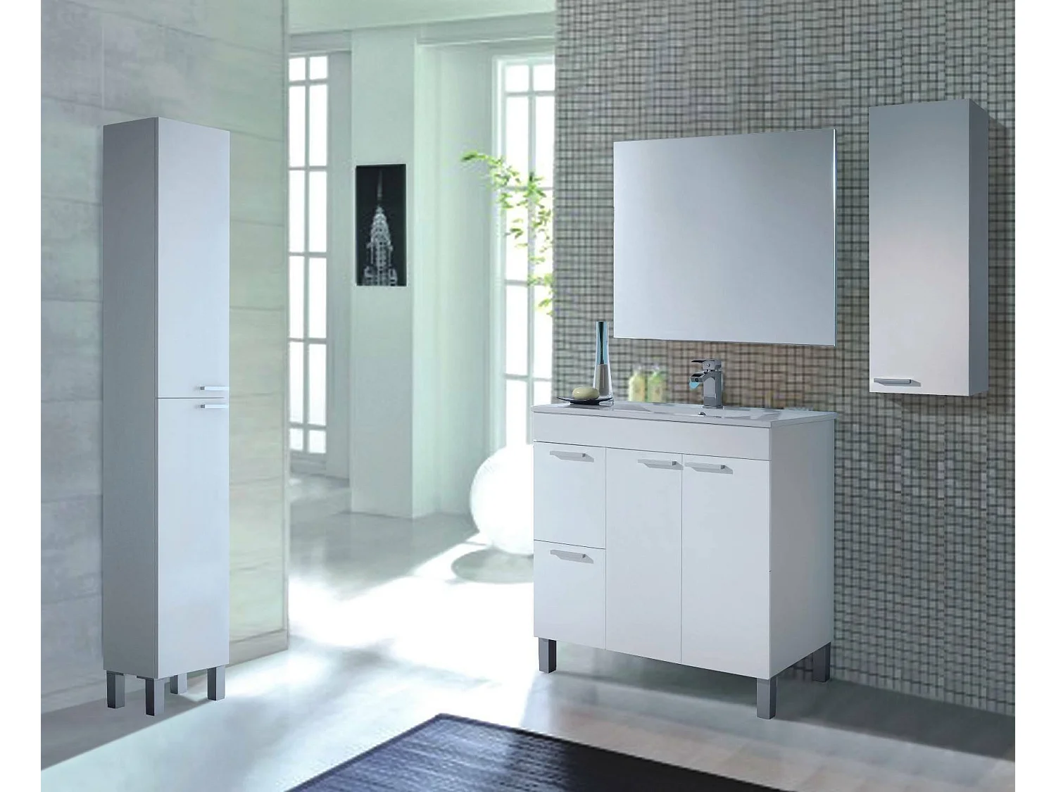 Colonne de salle de bain Hollywood, Armoire colonne de salle de bain avec 2 portes, Armoire suspendue avec 2 étagères, 30x25h182 cm, Blanc brillant
