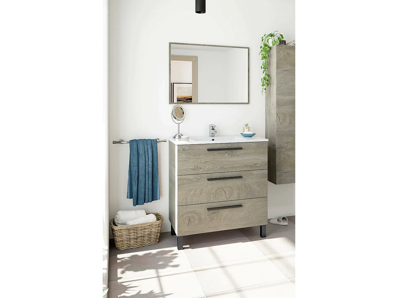 Dmora Onderkast Palmdale 86x80x45h cm Bruine Eik Spiegel Inclusief 3 Laden, Waterdicht