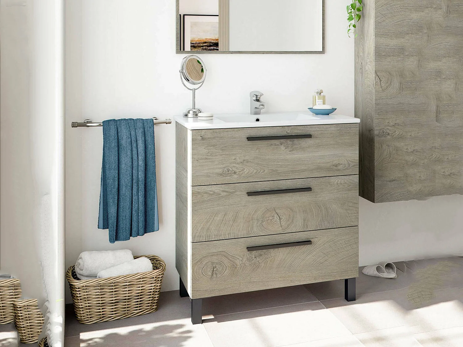 Meuble sous-vasque Palmdale, Meuble de salle de bain, Meuble avec 3 tiroirs et miroir, lavabo non inclus, 80x45h86 cm, Chêne