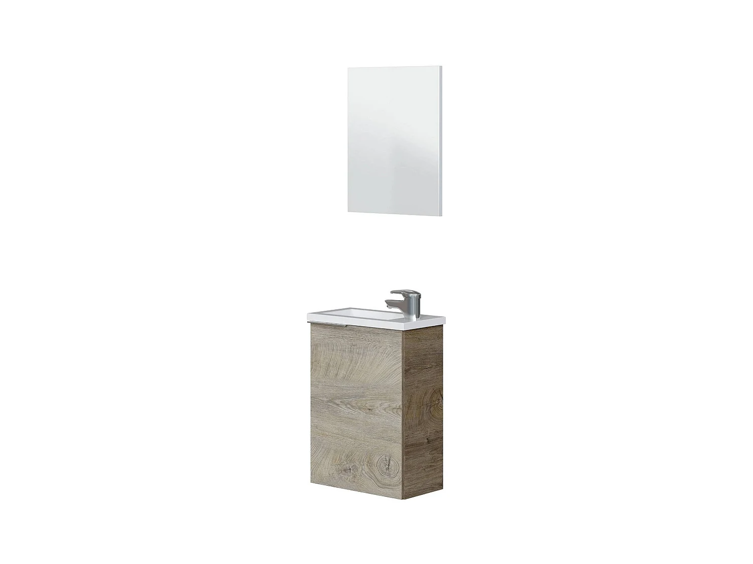 Meuble sous-vasque Peoria, Meuble de salle de bain suspendu, armoire 1 porte avec miroir et lavabo, 40x22h58 cm, Chêne