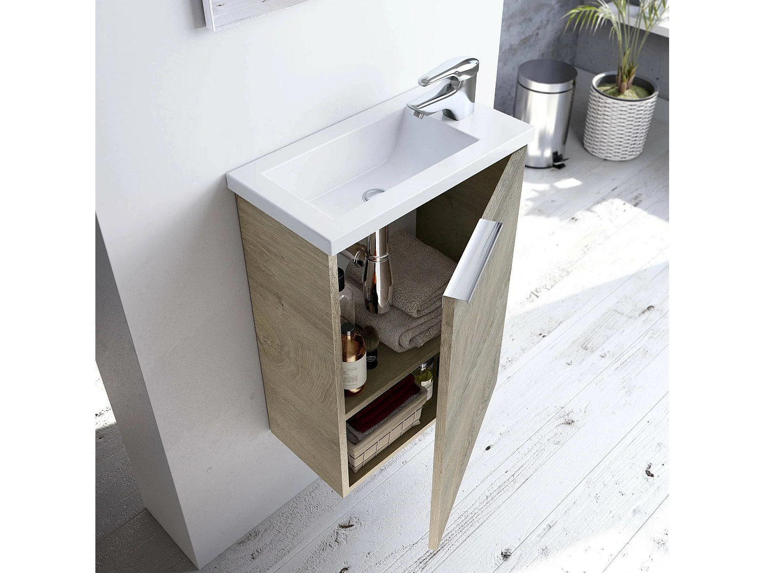 Dmora Onderkast Peoria 58x40x22h cm Bruin Eiken Inclusief Spiegel Scharnierdeur, Eén Deur