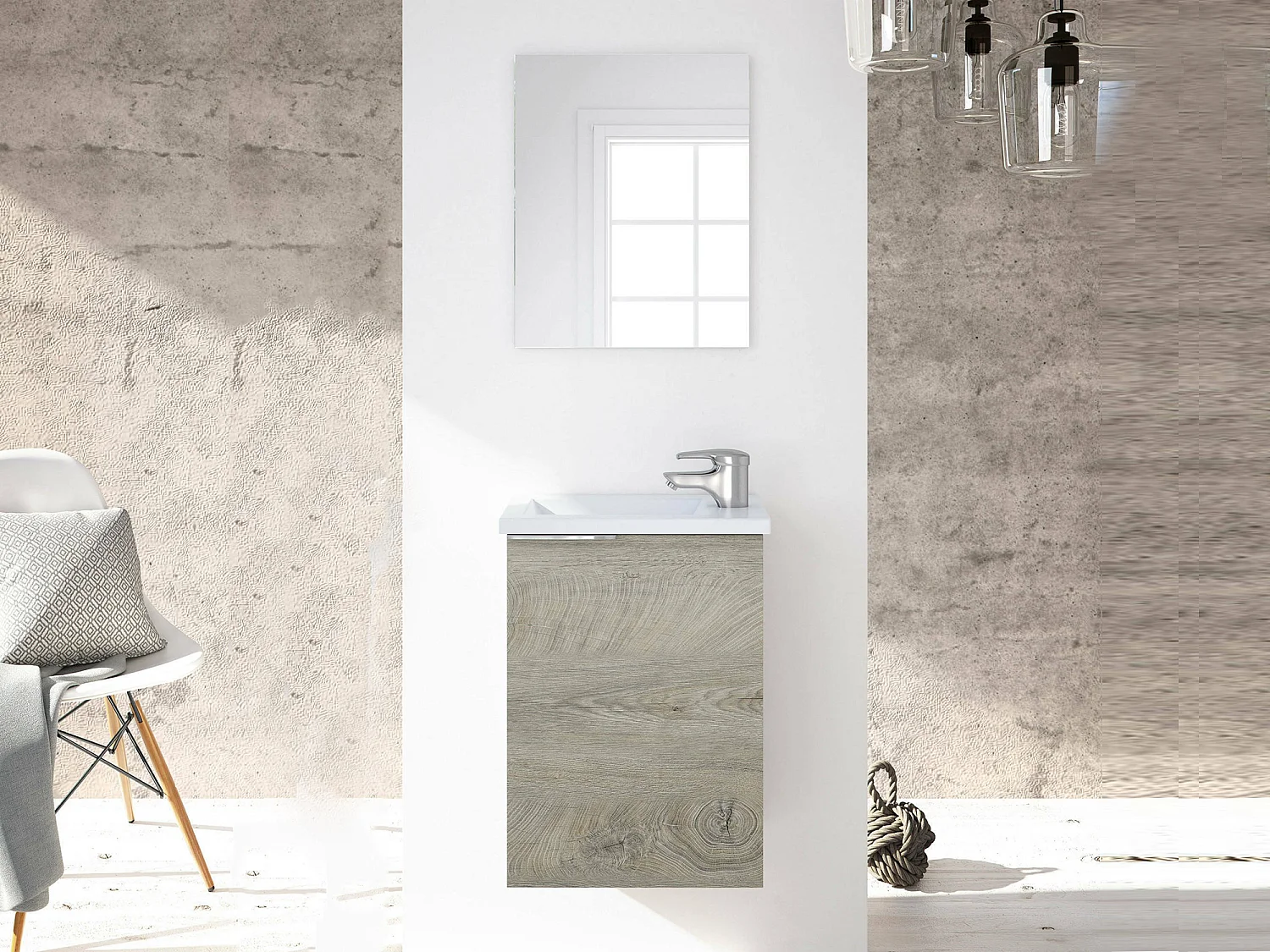 Meuble sous-vasque Peoria, Meuble de salle de bain suspendu, armoire 1 porte avec miroir et lavabo, 40x22h58 cm, Chêne