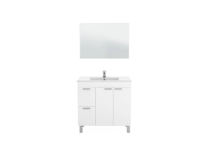 Meuble sous-vasque Lakewood, Meuble de salle de bain, armoire 2 portes avec deux tiroirs avec miroir, lavabo non inclus, 80x45h80 cm, Blanc brillant