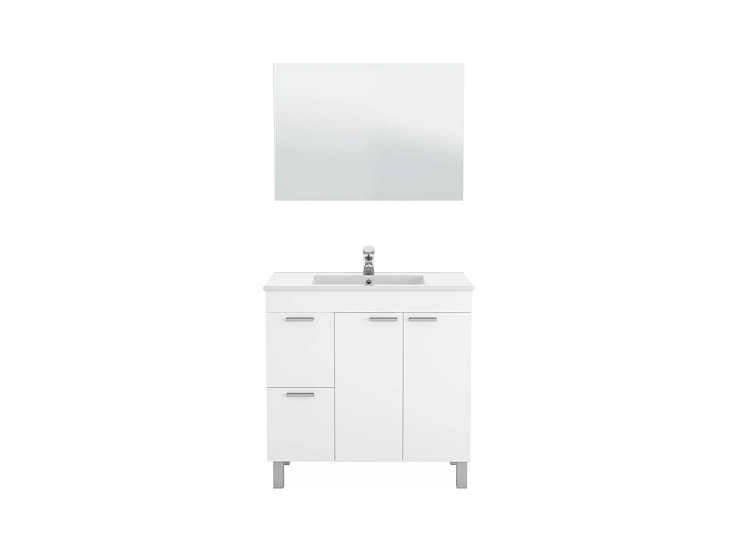 Meuble sous-vasque Lakewood, Meuble de salle de bain, armoire 2 portes avec deux tiroirs avec miroir, lavabo non inclus, 80x45h80 cm, Blanc brillant