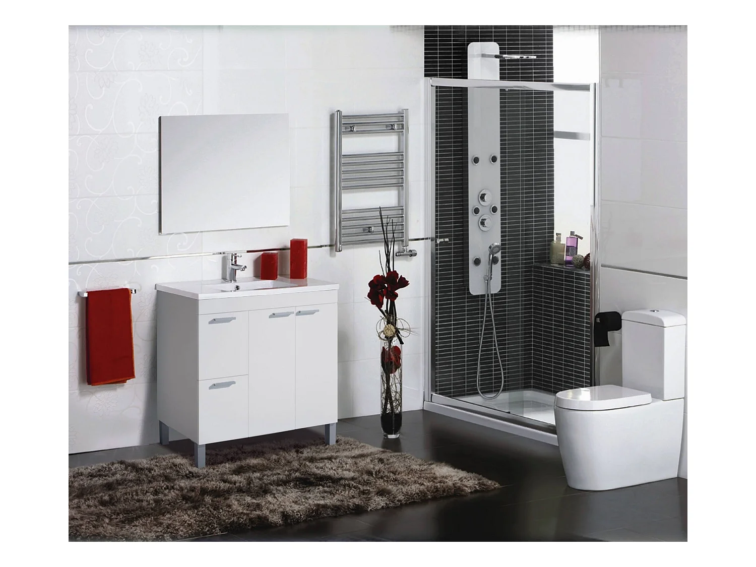 Meuble sous-vasque Lakewood, Meuble de salle de bain, armoire 2 portes avec deux tiroirs avec miroir, lavabo non inclus, 80x45h80 cm, Blanc brillant
