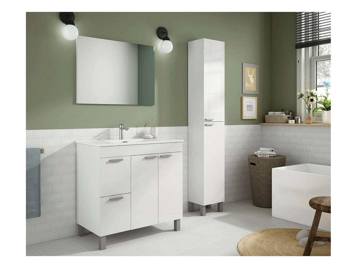 Meuble sous-vasque Lakewood, Meuble de salle de bain, armoire 2 portes avec deux tiroirs avec miroir, lavabo non inclus, 80x45h80 cm, Blanc brillant