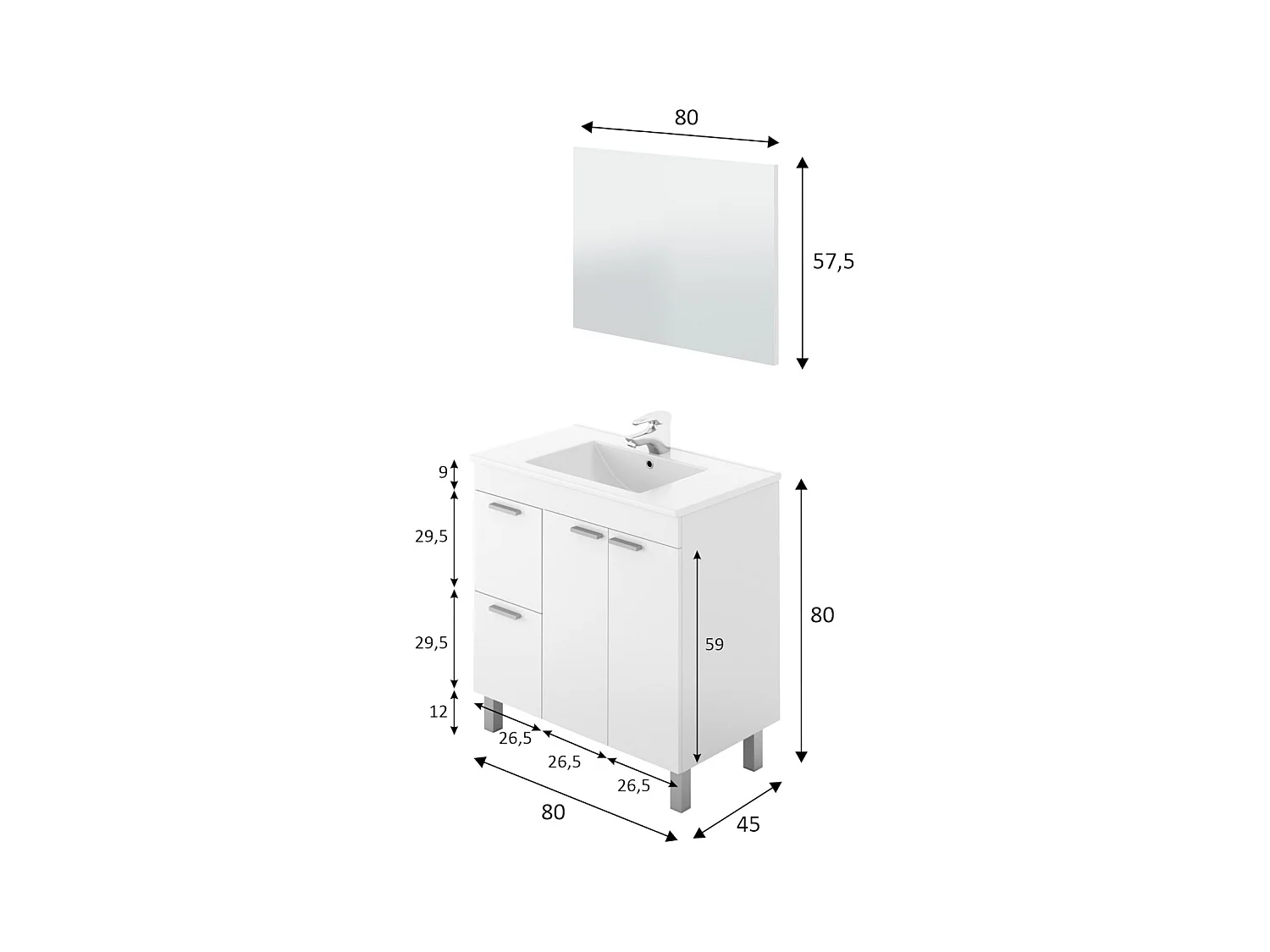 Meuble sous-vasque Lakewood, Meuble de salle de bain, armoire 2 portes avec deux tiroirs avec miroir, lavabo non inclus, 80x45h80 cm, Blanc brillant