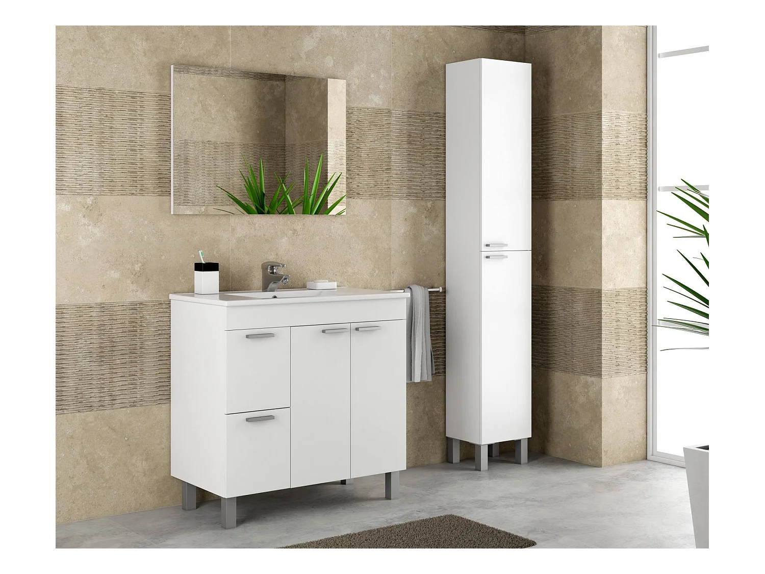 Meuble sous-vasque Lakewood, Meuble de salle de bain, armoire 2 portes avec deux tiroirs avec miroir, lavabo non inclus, 80x45h80 cm, Blanc brillant