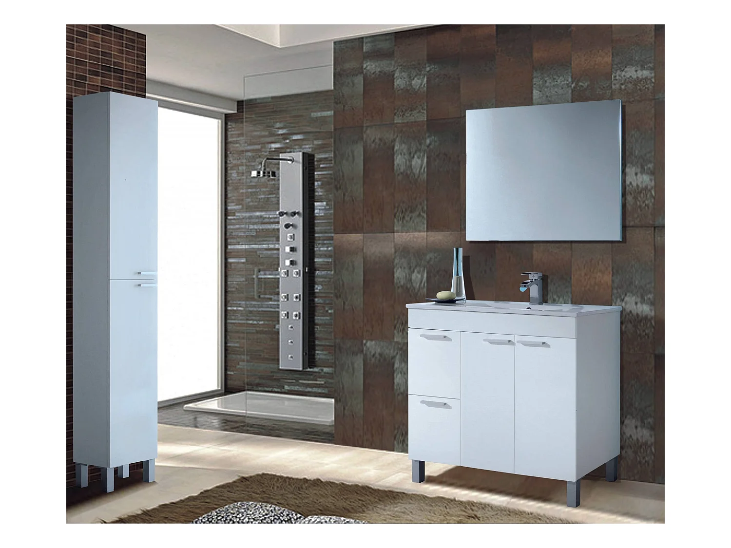 Meuble sous-vasque Lakewood, Meuble de salle de bain, armoire 2 portes avec deux tiroirs avec miroir, lavabo non inclus, 80x45h80 cm, Blanc brillant