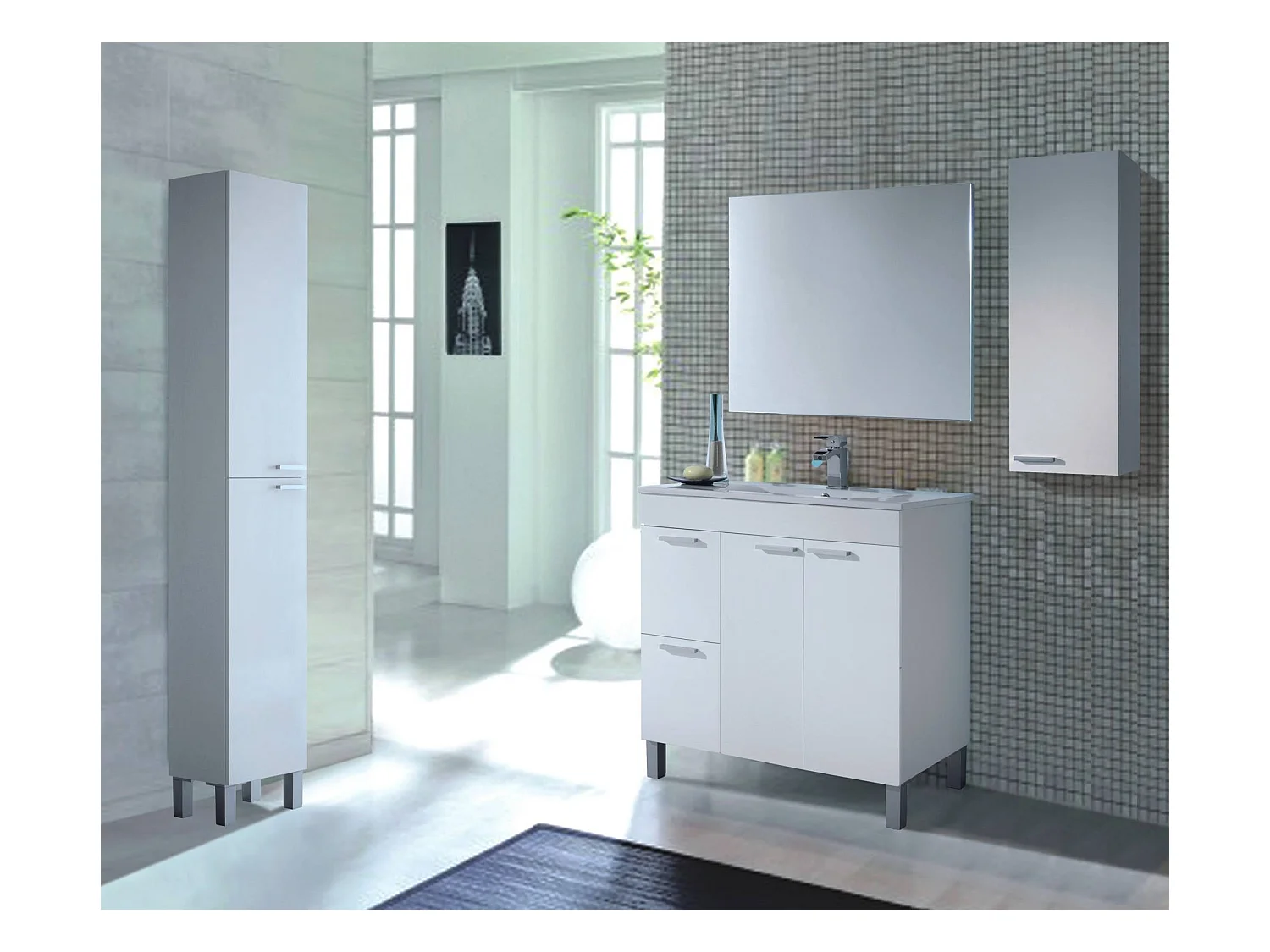 Meuble sous-vasque Lakewood, Meuble de salle de bain, armoire 2 portes avec deux tiroirs avec miroir, lavabo non inclus, 80x45h80 cm, Blanc brillant