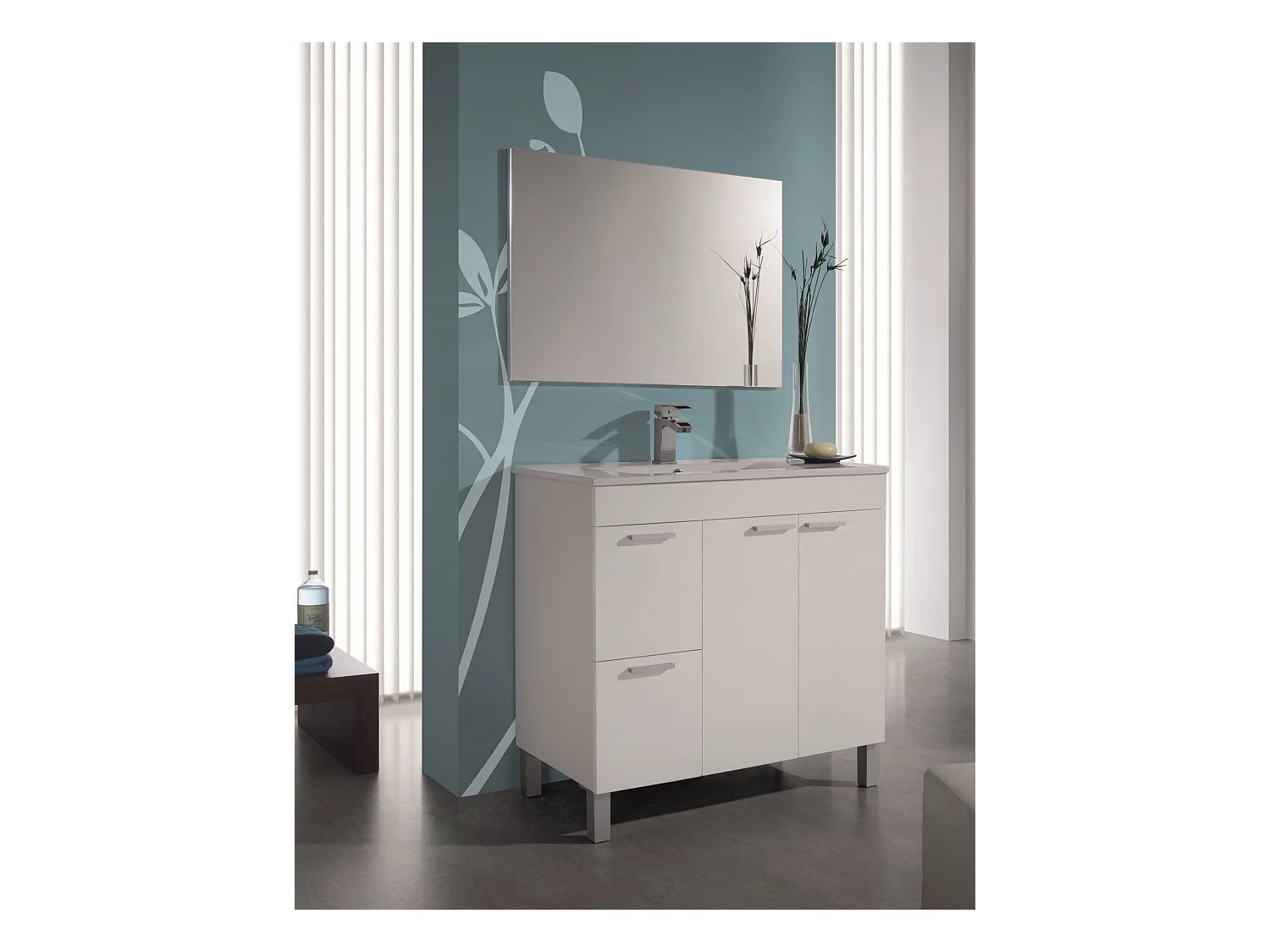 Meuble sous-vasque Lakewood, Meuble de salle de bain, armoire 2 portes avec deux tiroirs avec miroir, lavabo non inclus, 80x45h80 cm, Blanc brillant