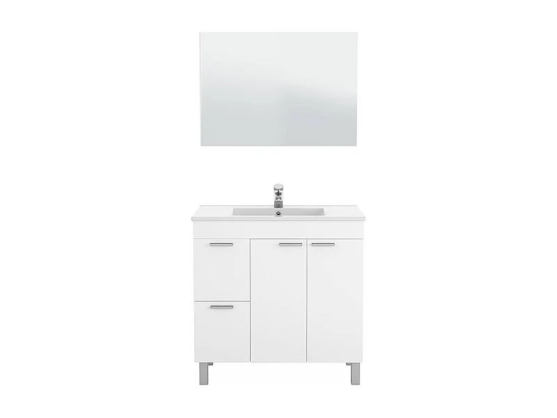 Móvel lavatório Lakewood, móvel de casa de banho, roupeiro 2 portas com duas gavetas com espelho, lavatório não incluído, 80x45h80 cm, branco brilhante