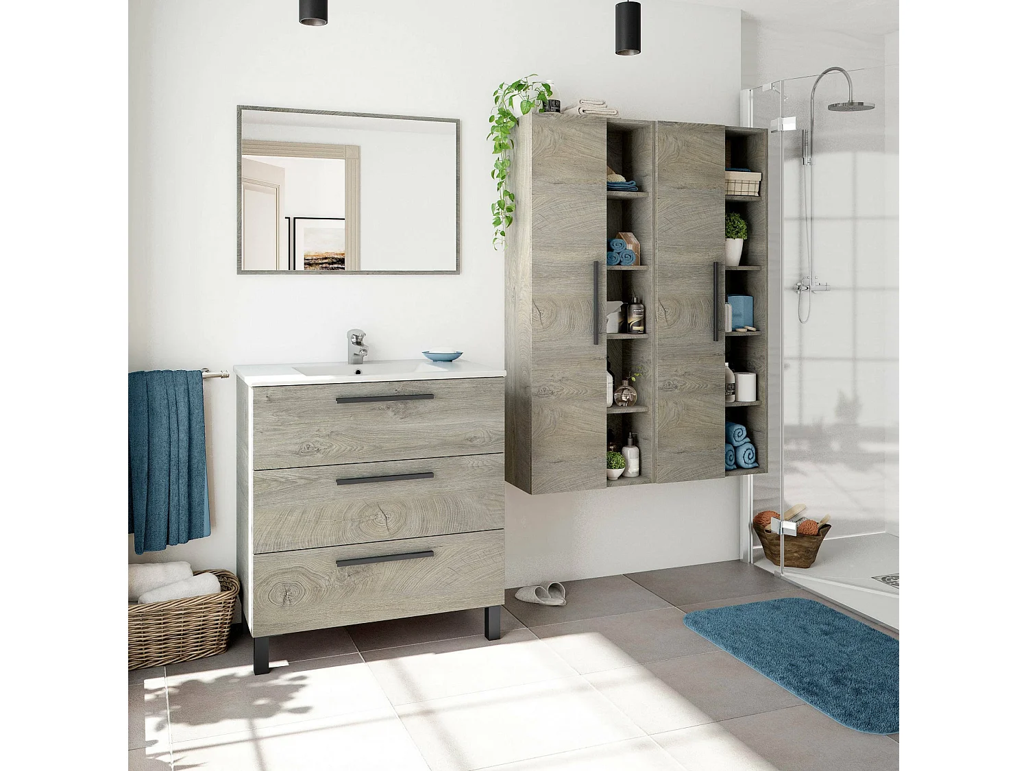 Colonne de salle de bain LosAngeles, meuble colonne de salle de bain 1 porte, meuble mural suspendu avec 5 étagères, 51x25h135 cm, chêne