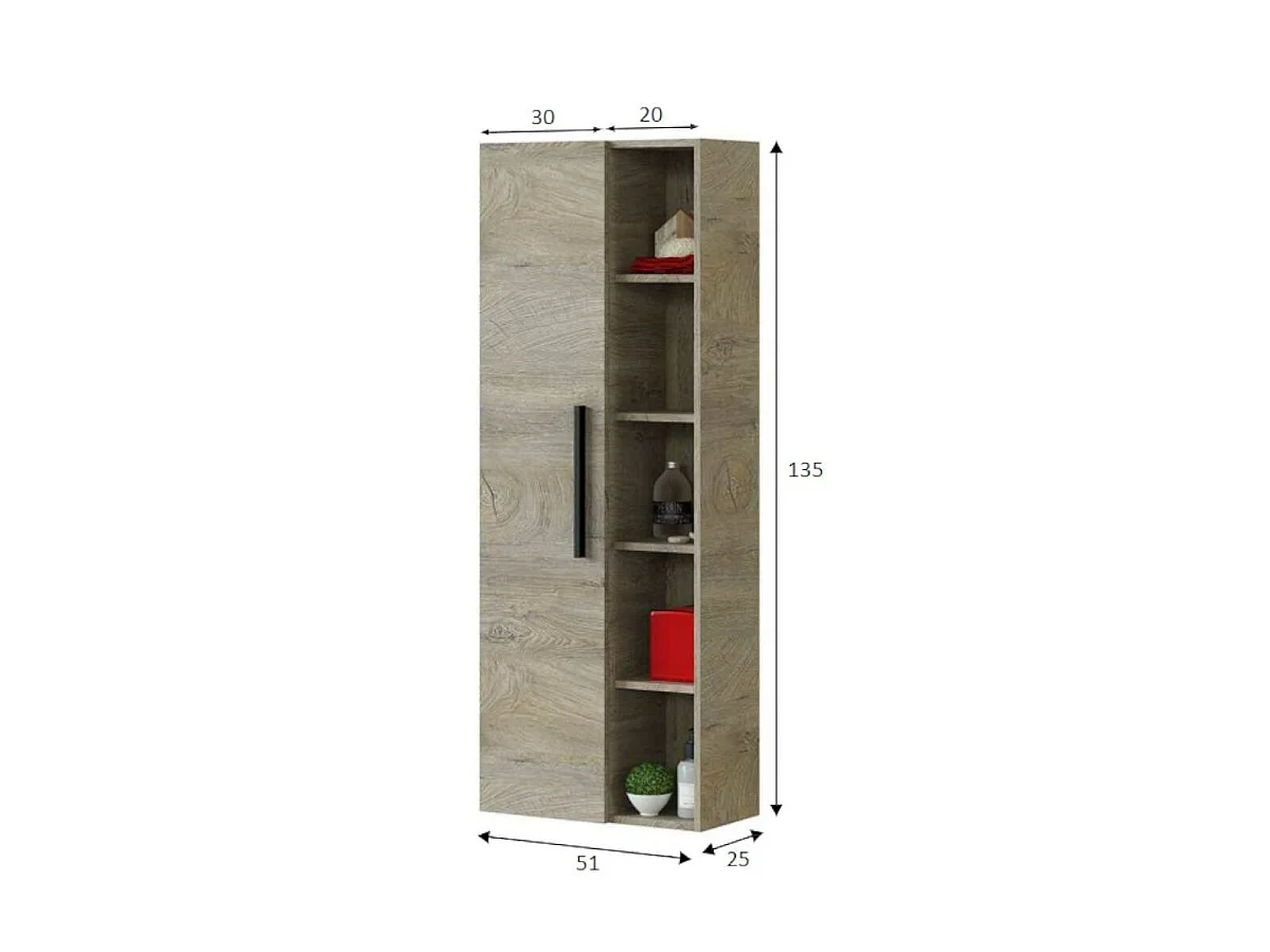 Colonne de salle de bain LosAngeles, meuble colonne de salle de bain 1 porte, meuble mural suspendu avec 5 étagères, 51x25h135 cm, chêne