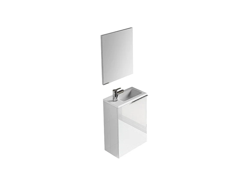 Meuble sous-vasque Peoria, Meuble de salle de bain suspendu, armoire 1 porte avec miroir et lavabo, 40x22h58 cm, Blanc brillant
