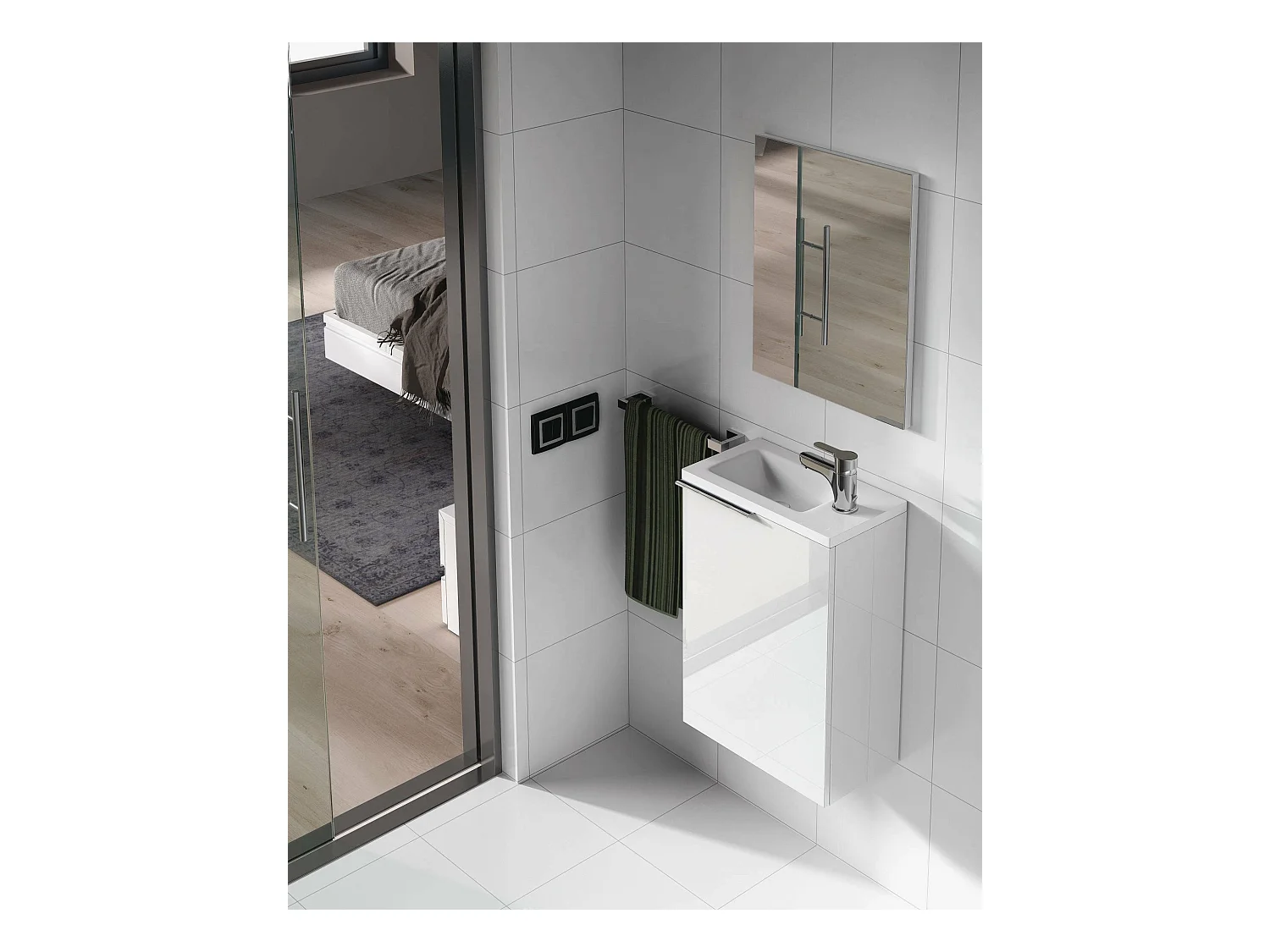 Meuble sous-vasque Peoria, Meuble de salle de bain suspendu, armoire 1 porte avec miroir et lavabo, 40x22h58 cm, Blanc brillant