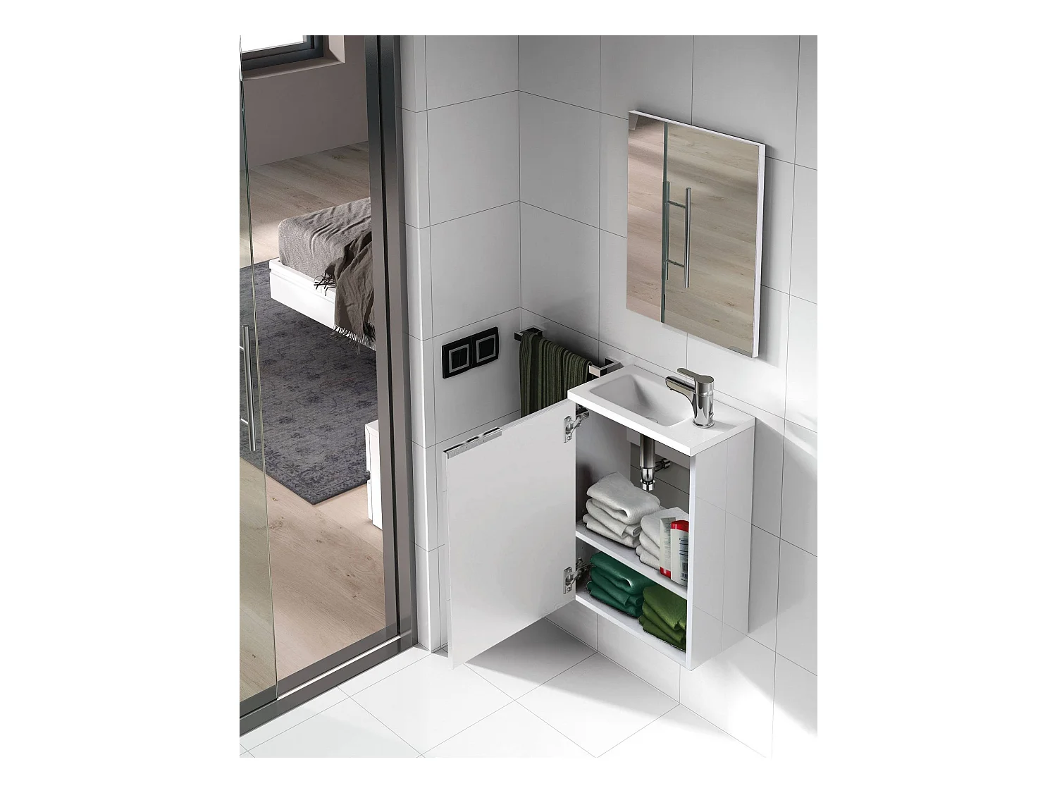 Meuble sous-vasque Peoria, Meuble de salle de bain suspendu, armoire 1 porte avec miroir et lavabo, 40x22h58 cm, Blanc brillant