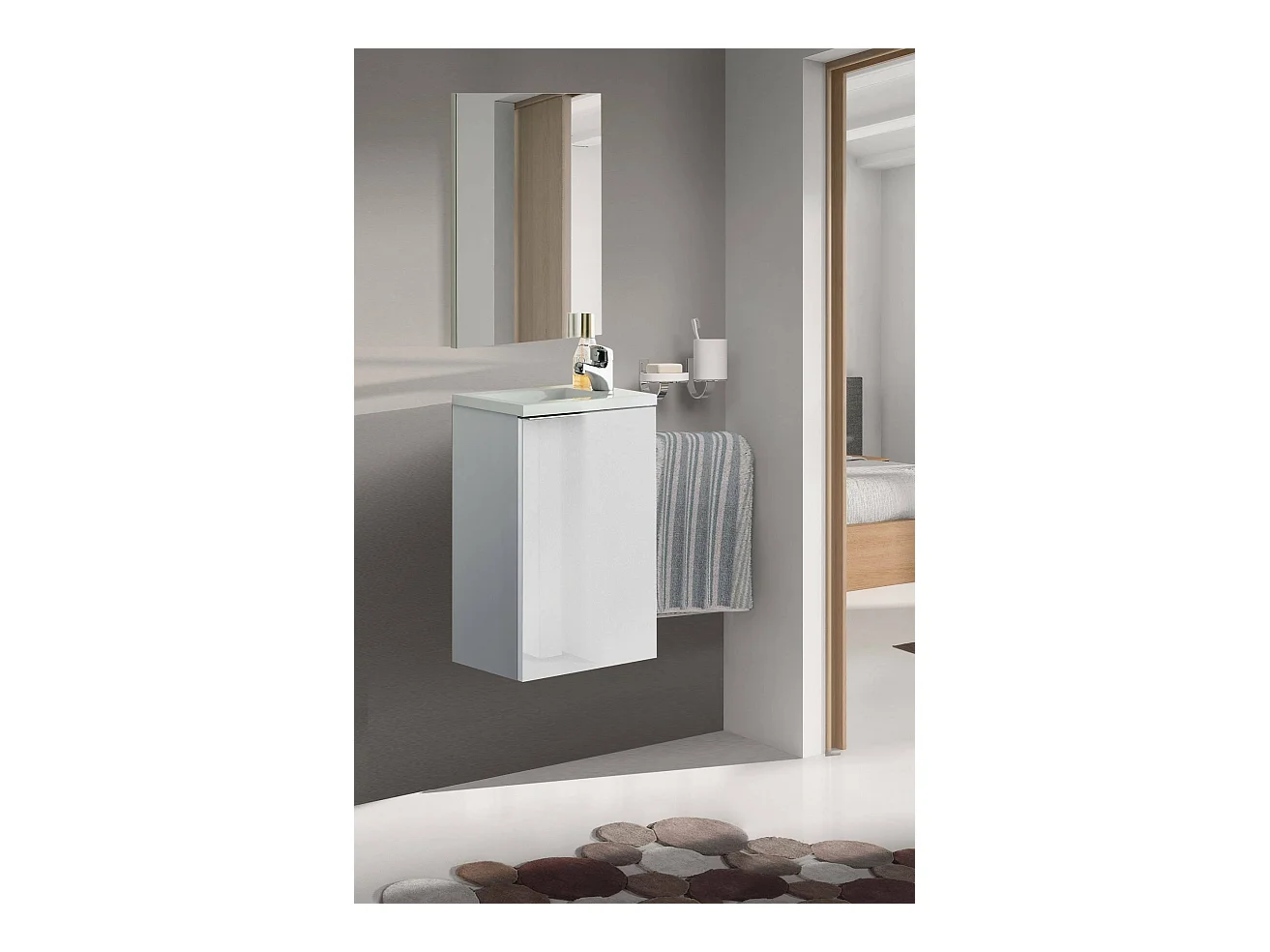 Meuble sous-vasque Peoria, Meuble de salle de bain suspendu, armoire 1 porte avec miroir et lavabo, 40x22h58 cm, Blanc brillant