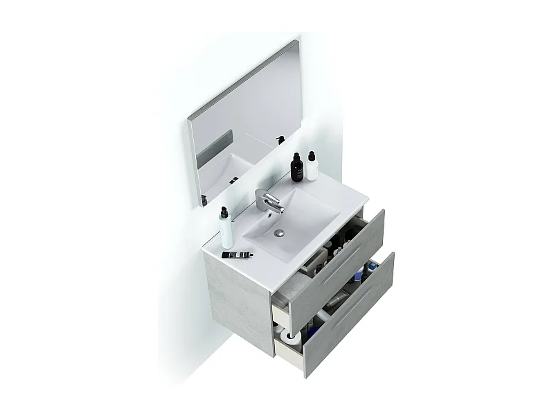 Meuble sous-vasque Inglewood, Meuble de salle de bain suspendu, Armoire avec 2 tiroirs et miroir, 80x45h57 cm, Ciment