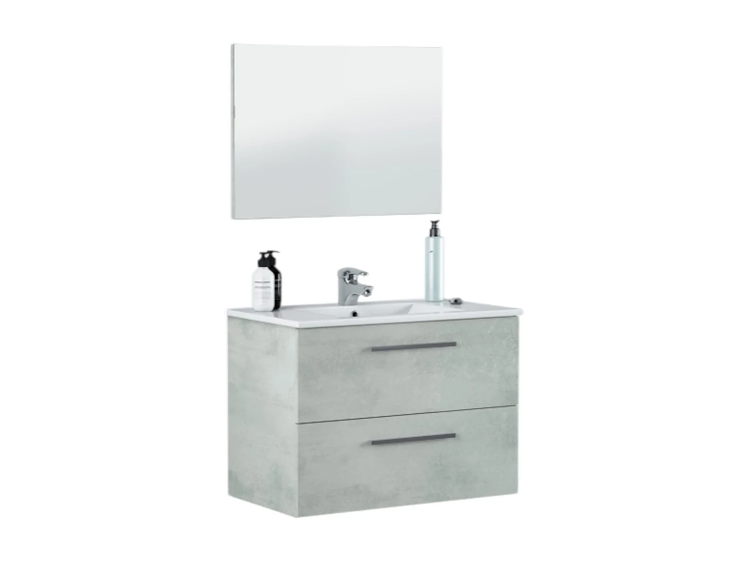 Meuble sous-vasque Inglewood, Meuble de salle de bain suspendu, Armoire avec 2 tiroirs et miroir, 80x45h57 cm, Ciment