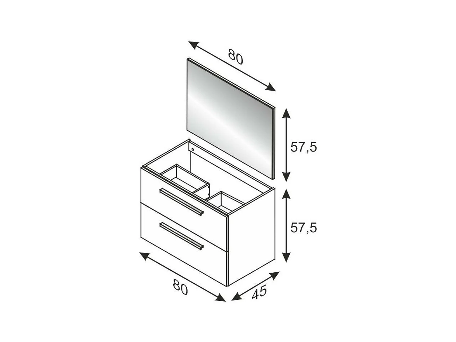 Meuble sous-vasque Inglewood, Meuble de salle de bain suspendu, Armoire avec 2 tiroirs et miroir, 80x45h57 cm, Ciment