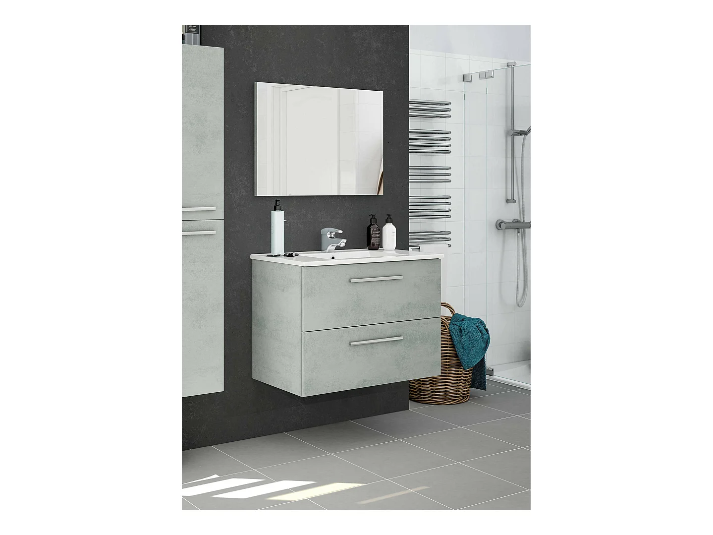 Meuble sous-vasque Inglewood, Meuble de salle de bain suspendu, Armoire avec 2 tiroirs et miroir, 80x45h57 cm, Ciment