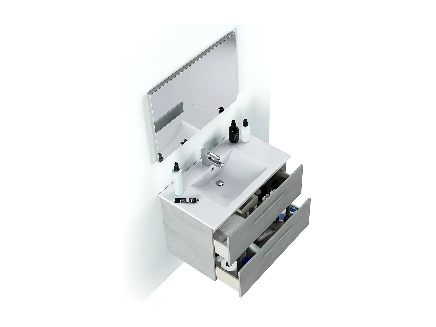 Meuble sous-vasque Inglewood, Meuble de salle de bain suspendu, Armoire avec 2 tiroirs et miroir, 80x45h57 cm, Ciment