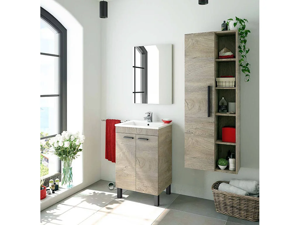 Meuble sous-vasque Naperville, Meuble de salle de bain, armoire 2 portes avec miroir, lavabo non inclus, 50x40h80 cm, Chêne