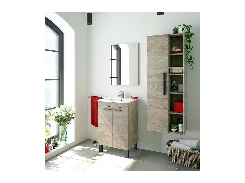 Meuble sous-vasque Naperville, Meuble de salle de bain, armoire 2 portes avec miroir, lavabo non inclus, 50x40h80 cm, Chêne