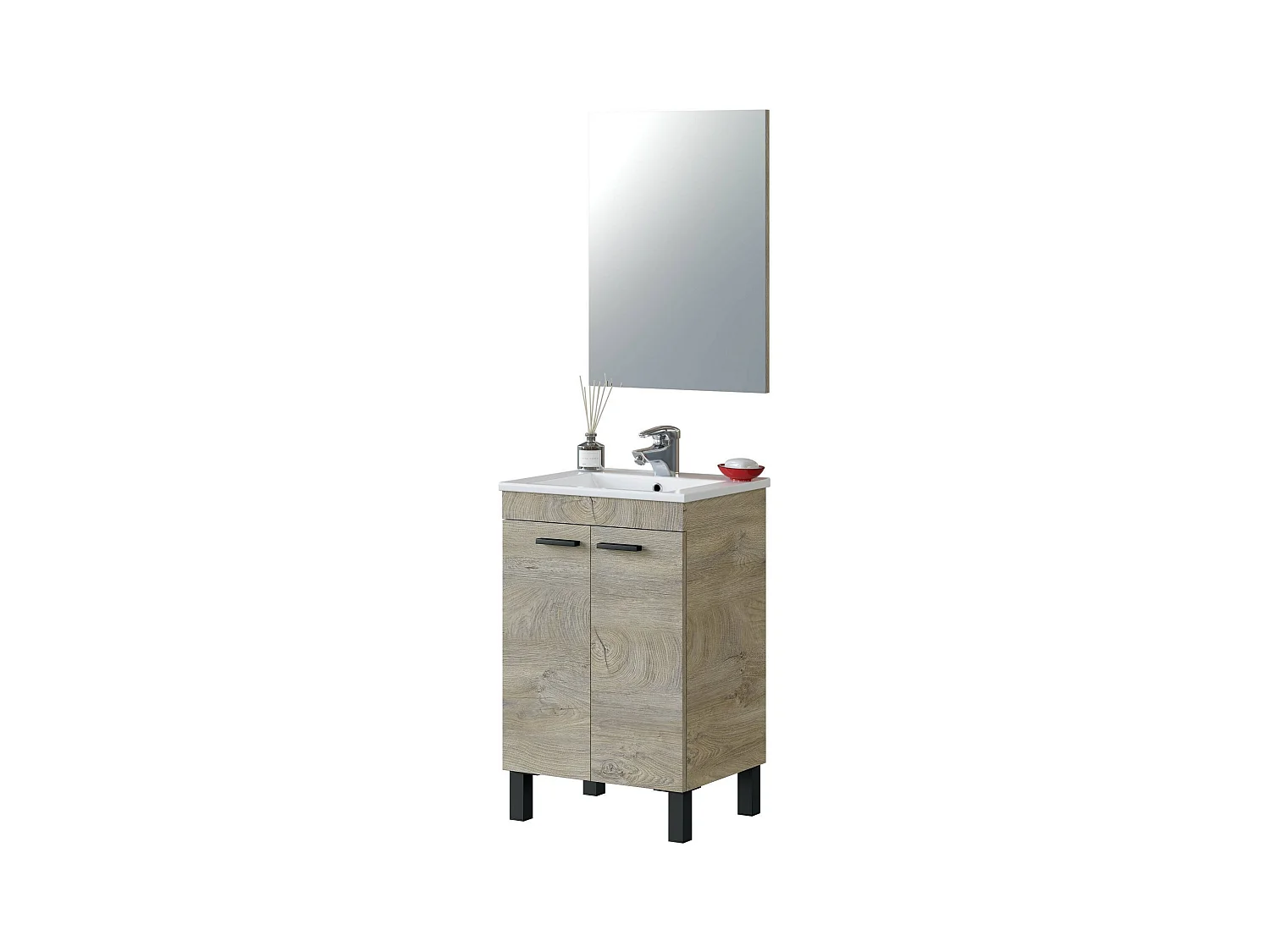 Meuble sous-vasque Naperville, Meuble de salle de bain, armoire 2 portes avec miroir, lavabo non inclus, 50x40h80 cm, Chêne
