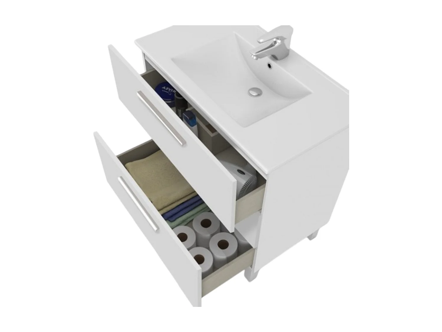 Meuble sous-vasque Palmdale, Meuble de salle de bain, armoire 3 tiroirs et miroir, lavabo non inclus, 80x45h86 cm, Blanc brillant