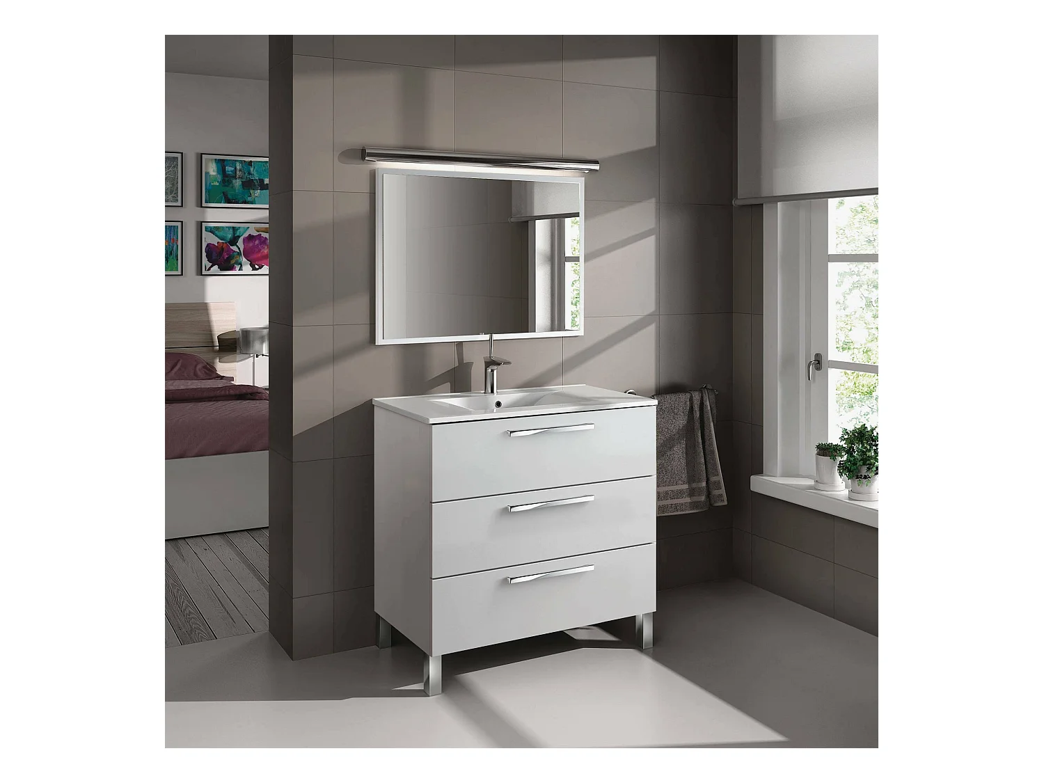 Meuble sous-vasque Palmdale, Meuble de salle de bain, armoire 3 tiroirs et miroir, lavabo non inclus, 80x45h86 cm, Blanc brillant