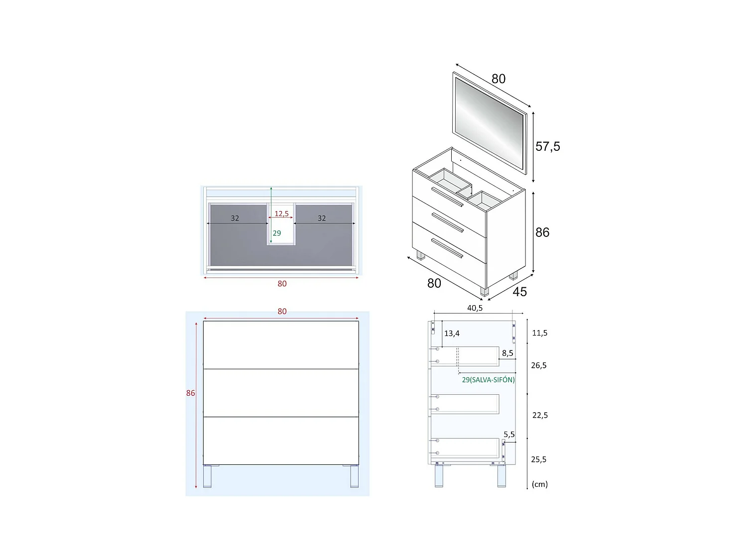 Meuble sous-vasque Palmdale, Meuble de salle de bain, armoire 3 tiroirs et miroir, lavabo non inclus, 80x45h86 cm, Blanc brillant