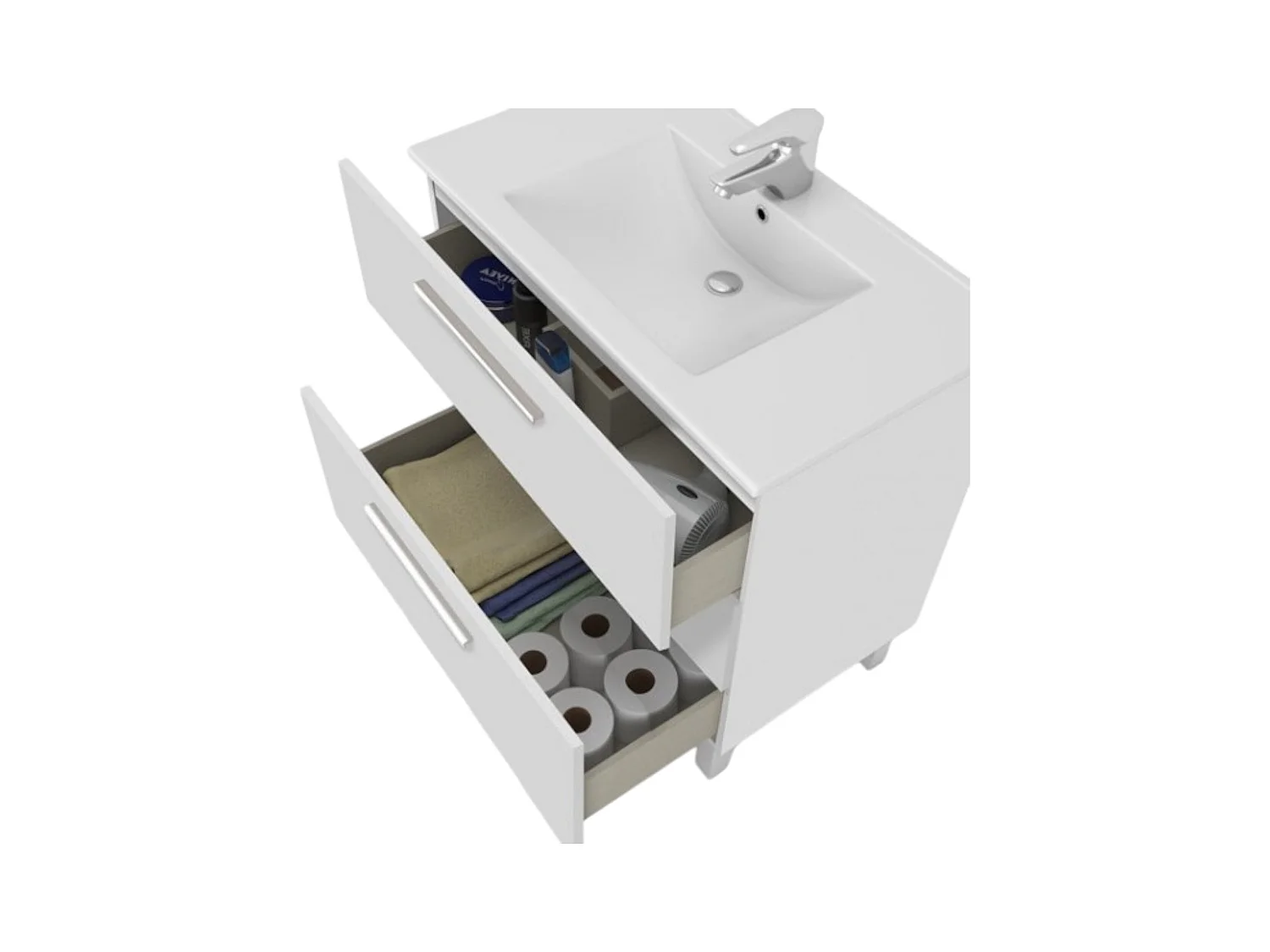 Meuble sous-vasque Palmdale, Meuble de salle de bain, armoire 3 tiroirs et miroir, lavabo non inclus, 80x45h86 cm, Blanc brillant