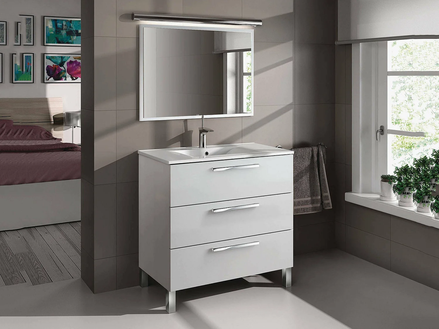 Móvel de lavatório Palmdale, móvel de casa de banho, guarda-roupa com 3 gavetas e espelho, lavatório não incluído, 80x45h86 cm, branco brilhante