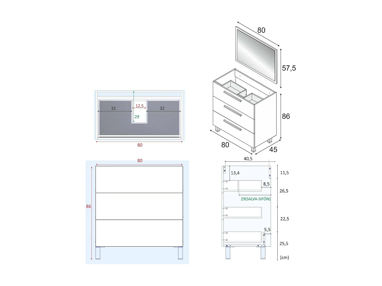 Palmdale Waschtischunterschrank, Badezimmerschrank, Schrank mit 3 Schubladen und Spiegel, Waschbecken nicht im Lieferumfang enthalten, 80x45h86 cm, Eiche
