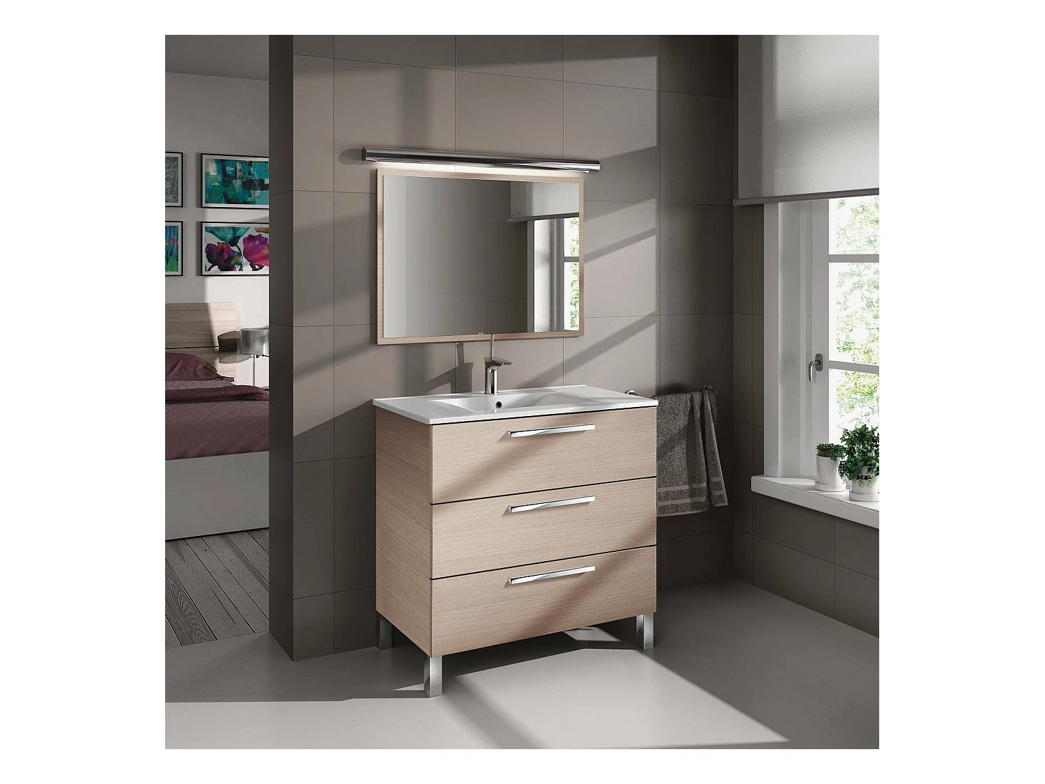 Meuble sous-vasque Palmdale, Meuble de salle de bain, Meuble avec 3 tiroirs et miroir, lavabo non inclus, 80x45h86 cm, Chêne