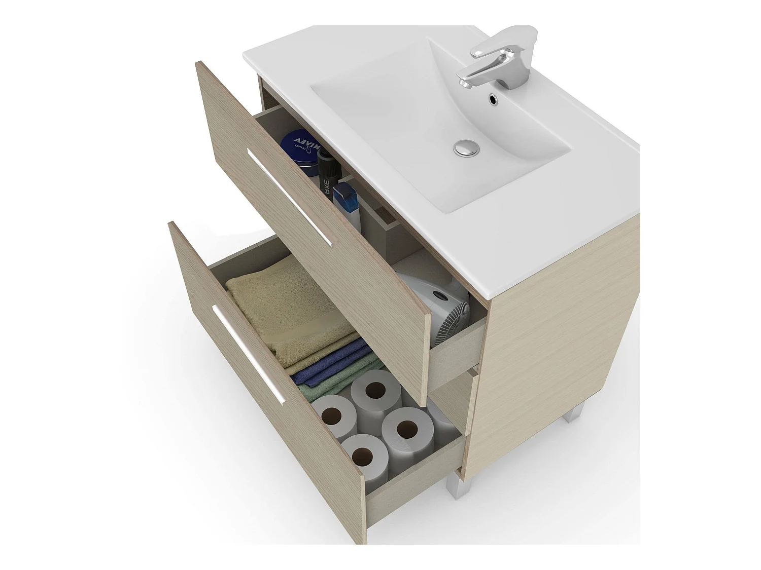 Meuble sous-vasque Palmdale, Meuble de salle de bain, Meuble avec 3 tiroirs et miroir, lavabo non inclus, 80x45h86 cm, Chêne