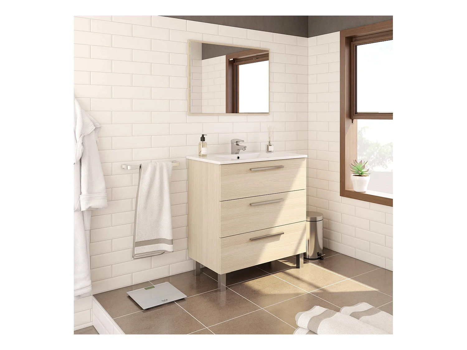 Meuble sous-vasque Palmdale, Meuble de salle de bain, Meuble avec 3 tiroirs et miroir, lavabo non inclus, 80x45h86 cm, Chêne