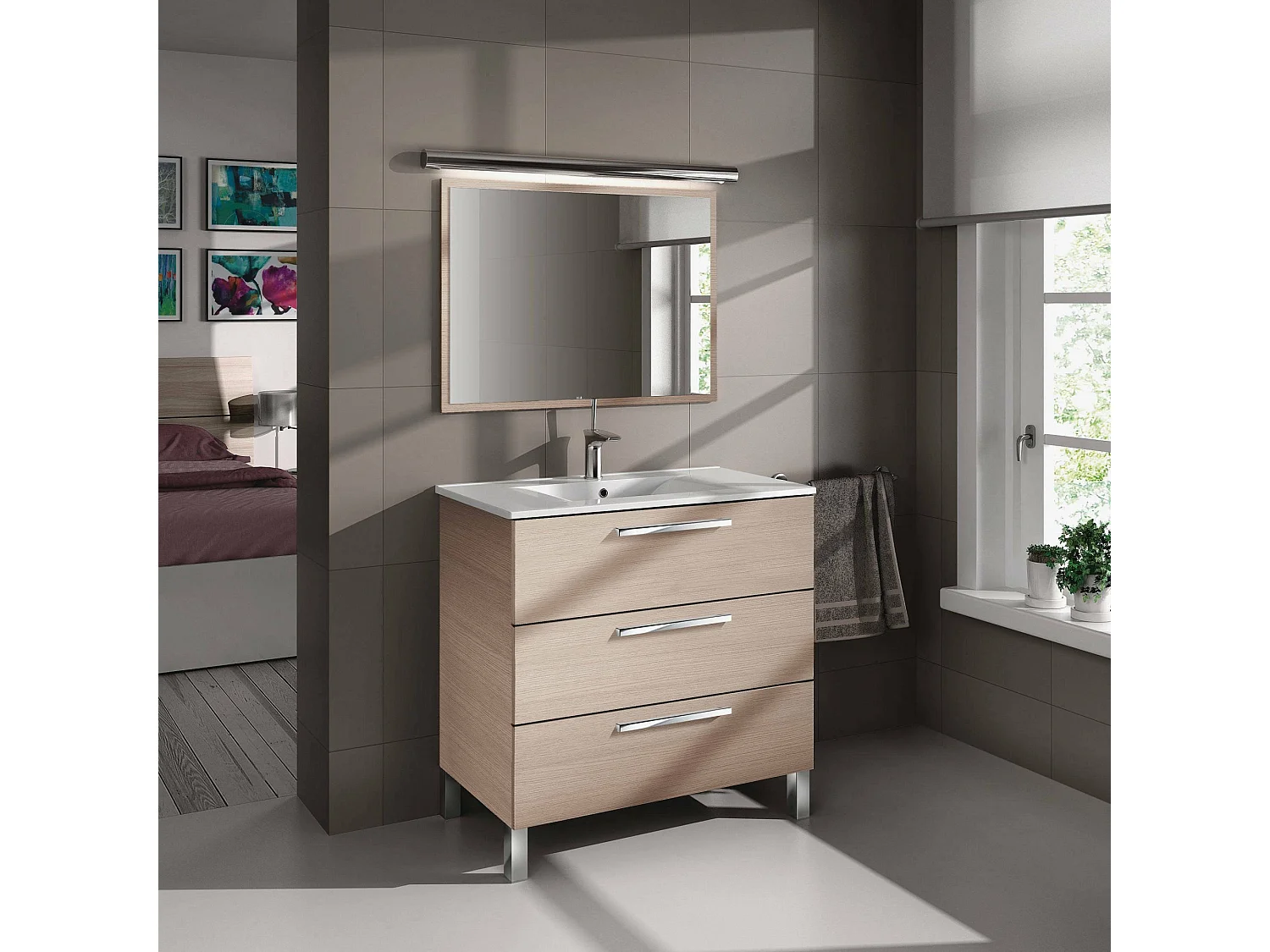 Meuble sous-vasque Palmdale, Meuble de salle de bain, Meuble avec 3 tiroirs et miroir, lavabo non inclus, 80x45h86 cm, Chêne