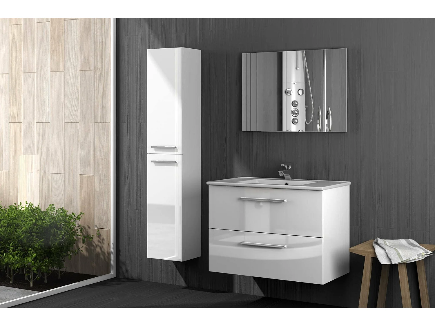 Meuble sous-vasque Inglewood, Meuble de salle de bain suspendu, Armoire avec 2 tiroirs et miroir, 80x45h57 cm, Blanc brillant