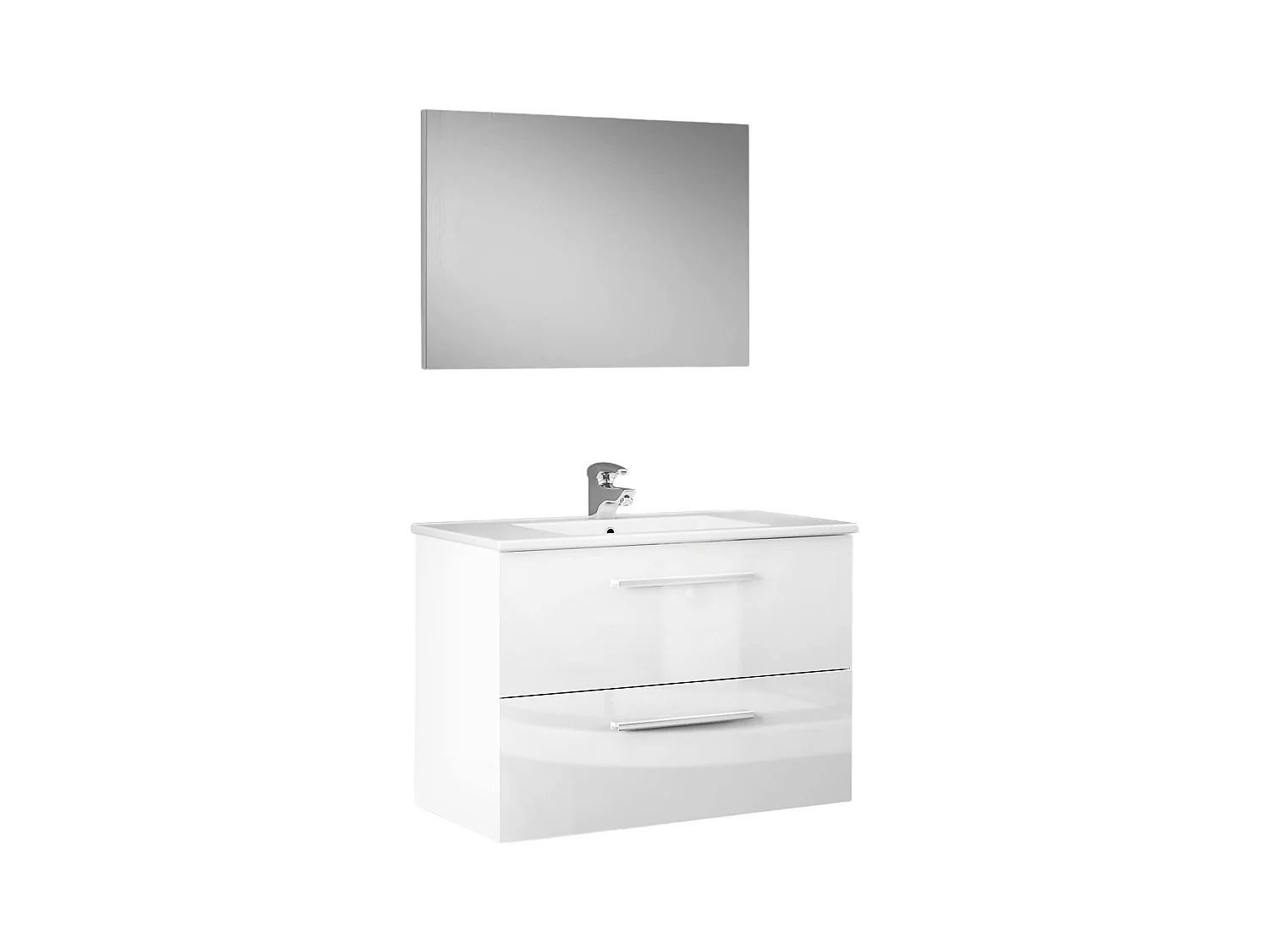 Meuble sous-vasque Inglewood, Meuble de salle de bain suspendu, Armoire avec 2 tiroirs et miroir, 80x45h57 cm, Blanc brillant
