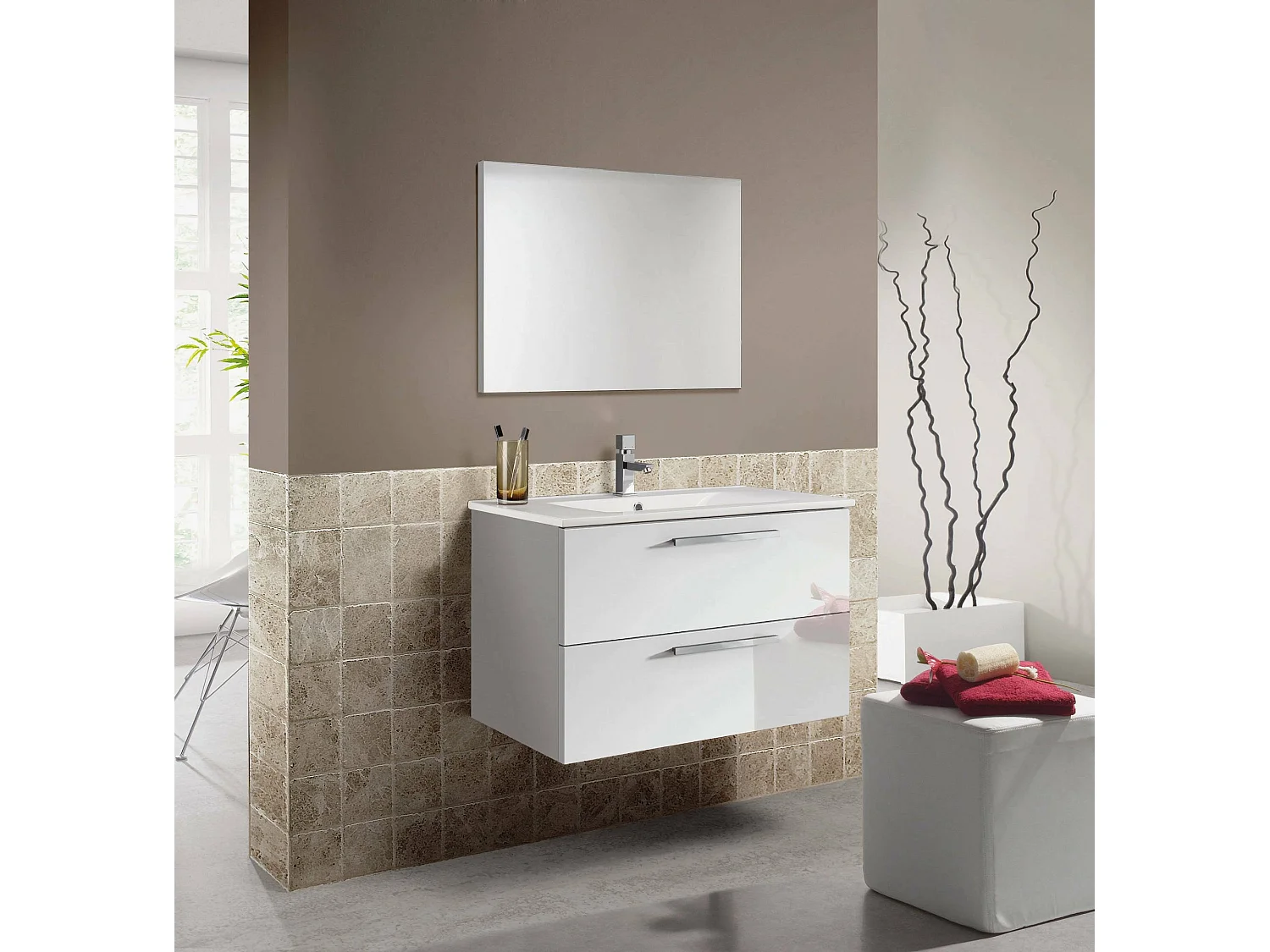 Meuble sous-vasque Inglewood, Meuble de salle de bain suspendu, Armoire avec 2 tiroirs et miroir, 80x45h57 cm, Blanc brillant