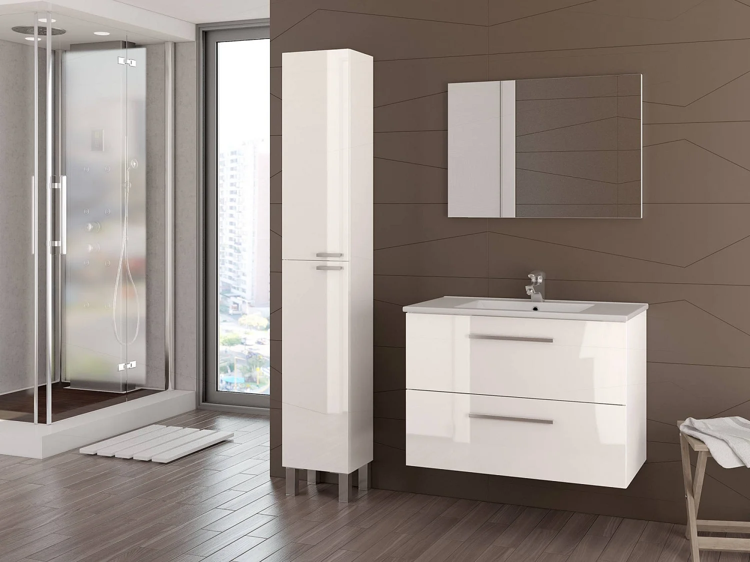 Inglewood-Waschtischunterschrank, hängender Badezimmerschrank, Kleiderschrank mit 2 Schubladen und Spiegel, 80 x 45 x 57 cm, glänzend weiÃŸ