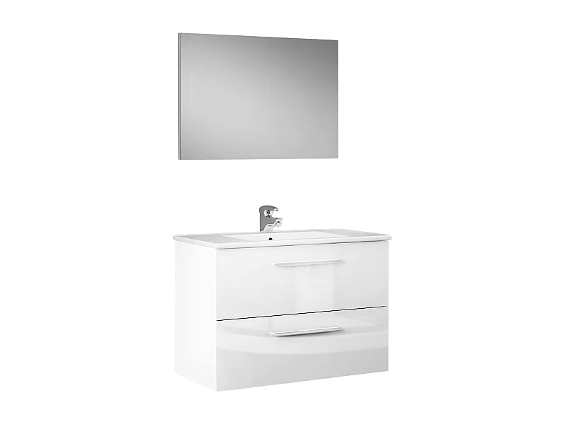 Inglewood-Waschtischunterschrank, hängender Badezimmerschrank, Kleiderschrank mit 2 Schubladen und Spiegel, 80 x 45 x 57 cm, glänzend weiÃŸ